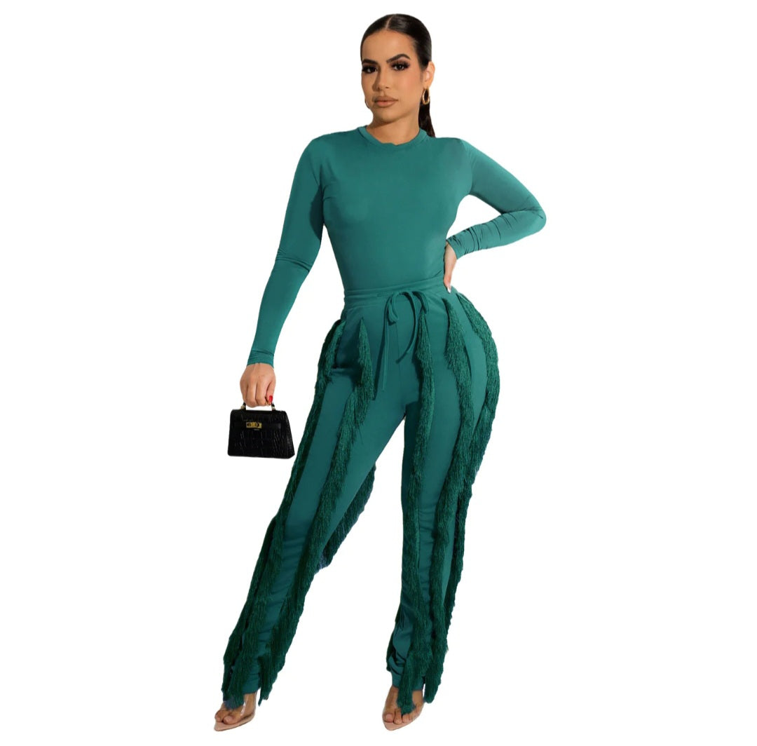 Two piece long sleeve top and fringed pants