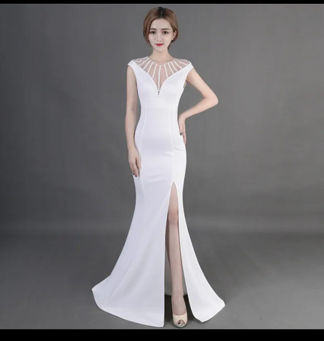 pearl sweetheart evening dress with front slit