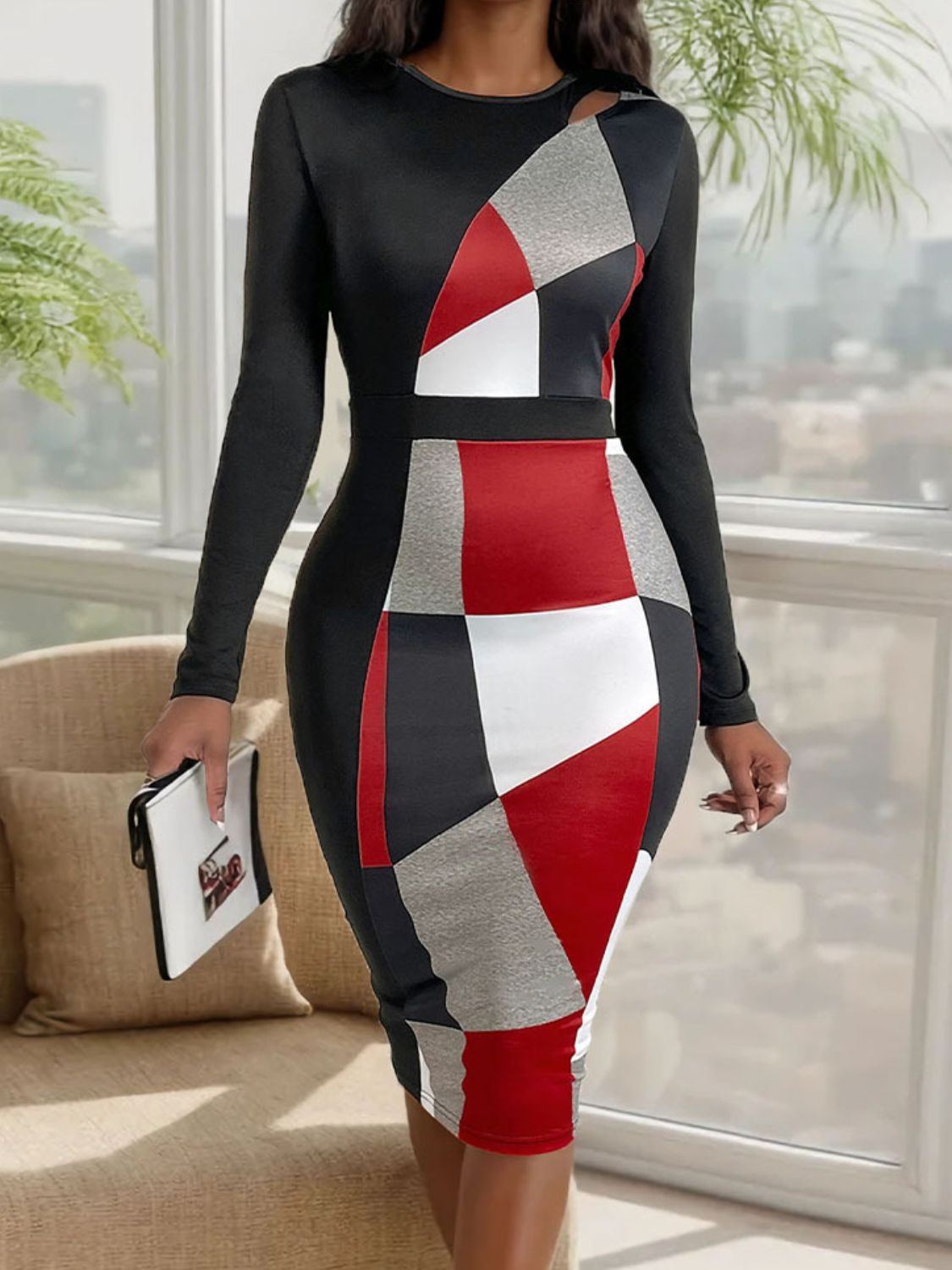 Cutout Color Block Round Neck Long Sleeve Dress