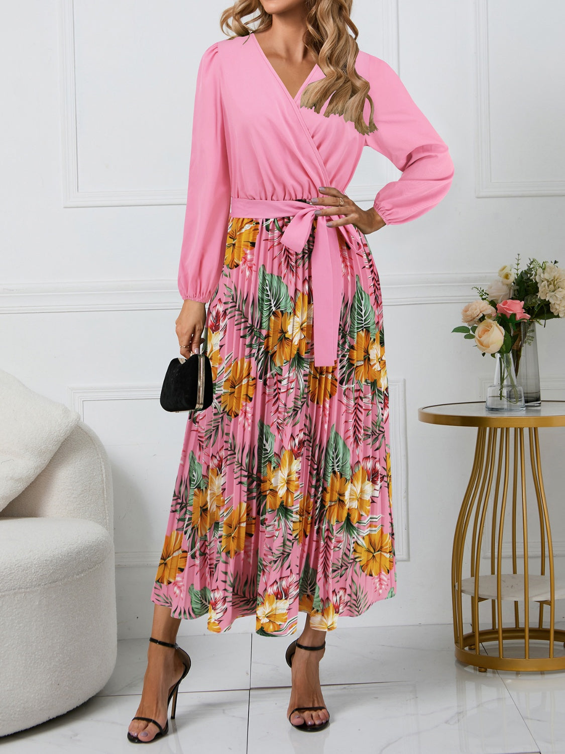 Pleated Printed Surplice Long Sleeve Dress