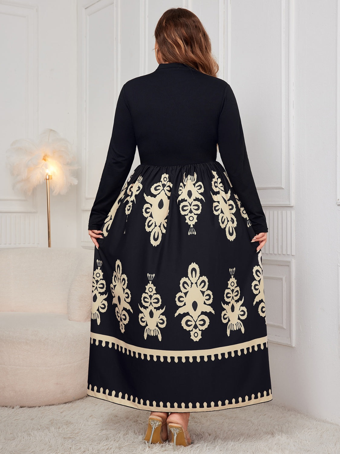 Plus Size Printed Mock Neck Long Sleeve Dress