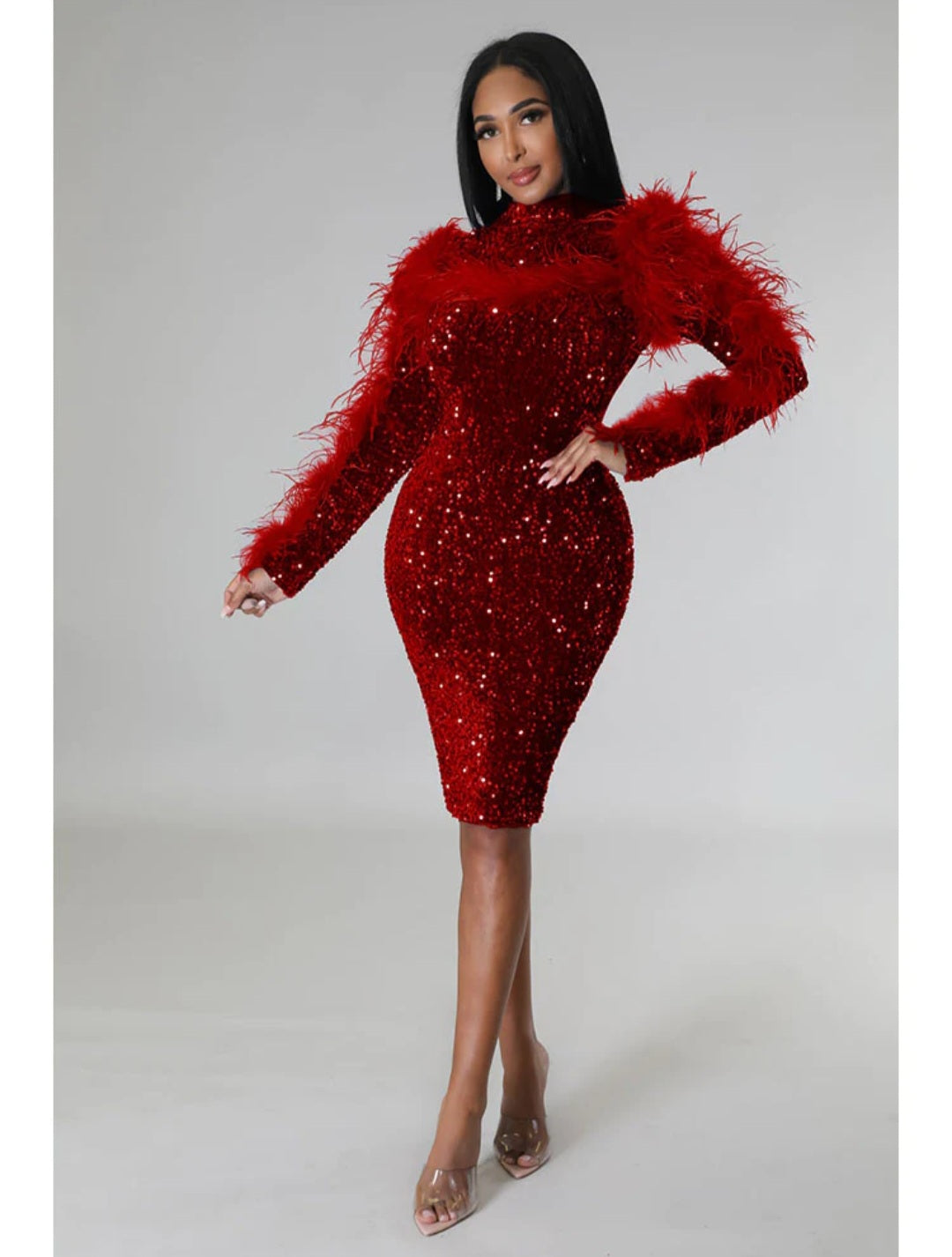 Long sleeve sequin feathers dress