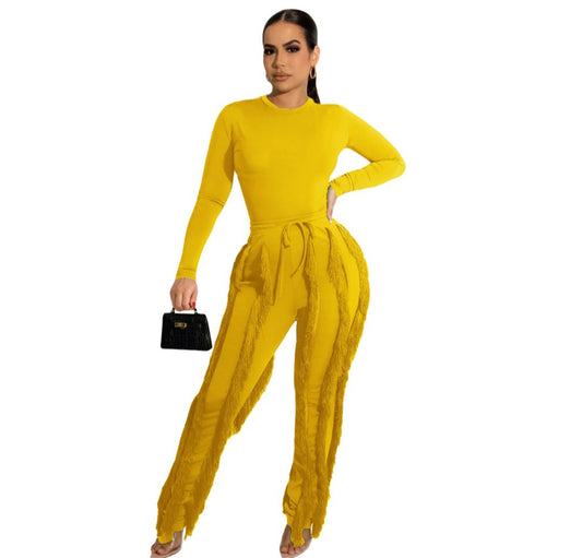 Two piece long sleeve top with fringed pant