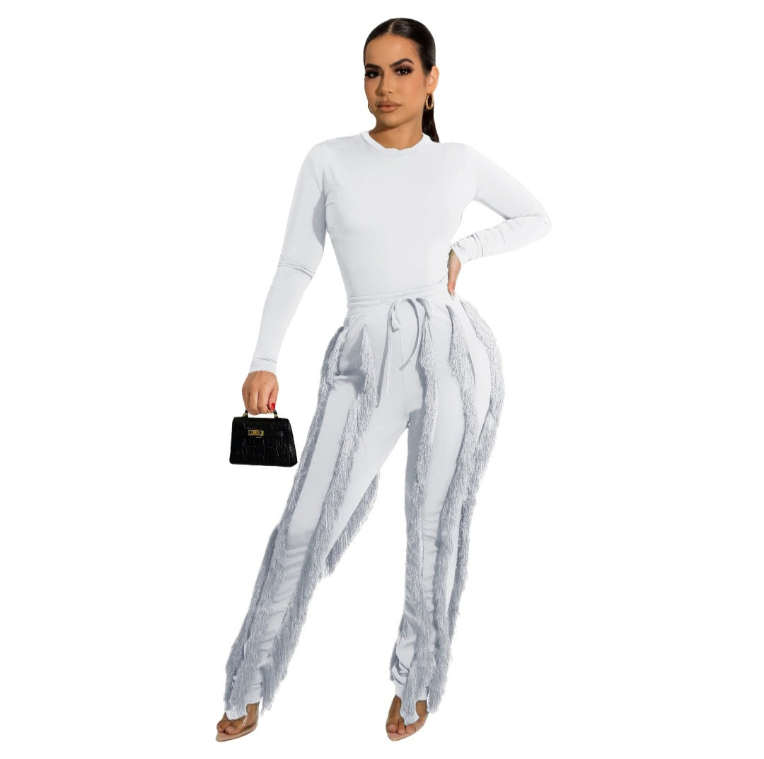 Two piece long sleeve top and fringed pants