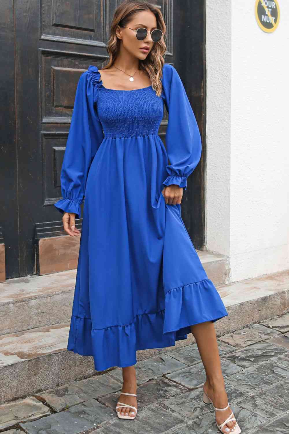 Smocked Ruffle Hem Flounce Sleeve Dress