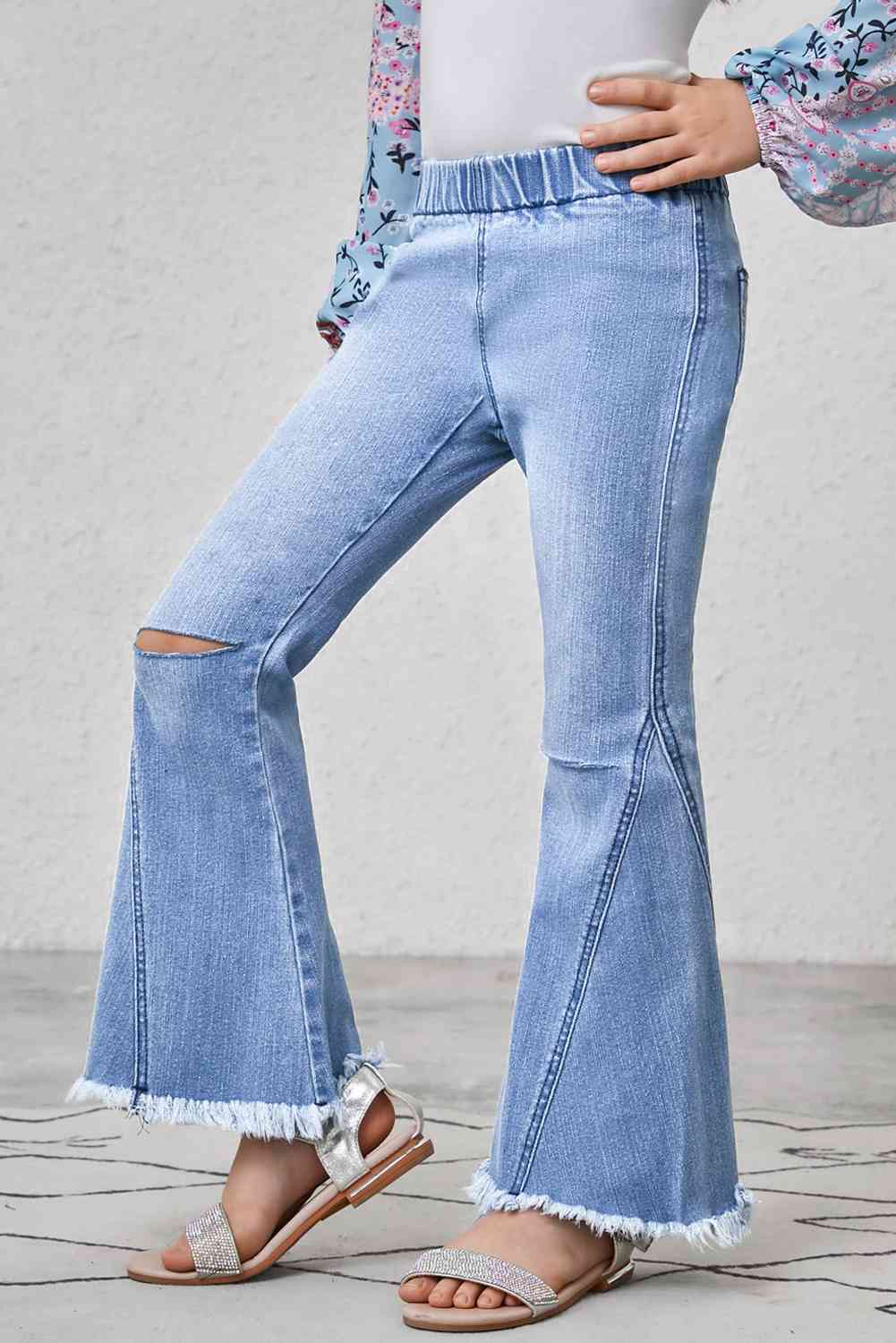 Girls Distressed Frayed Trim Flare Jeans