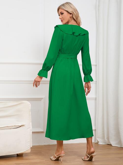 Surplice Tie Front Flounce Sleeve Dress