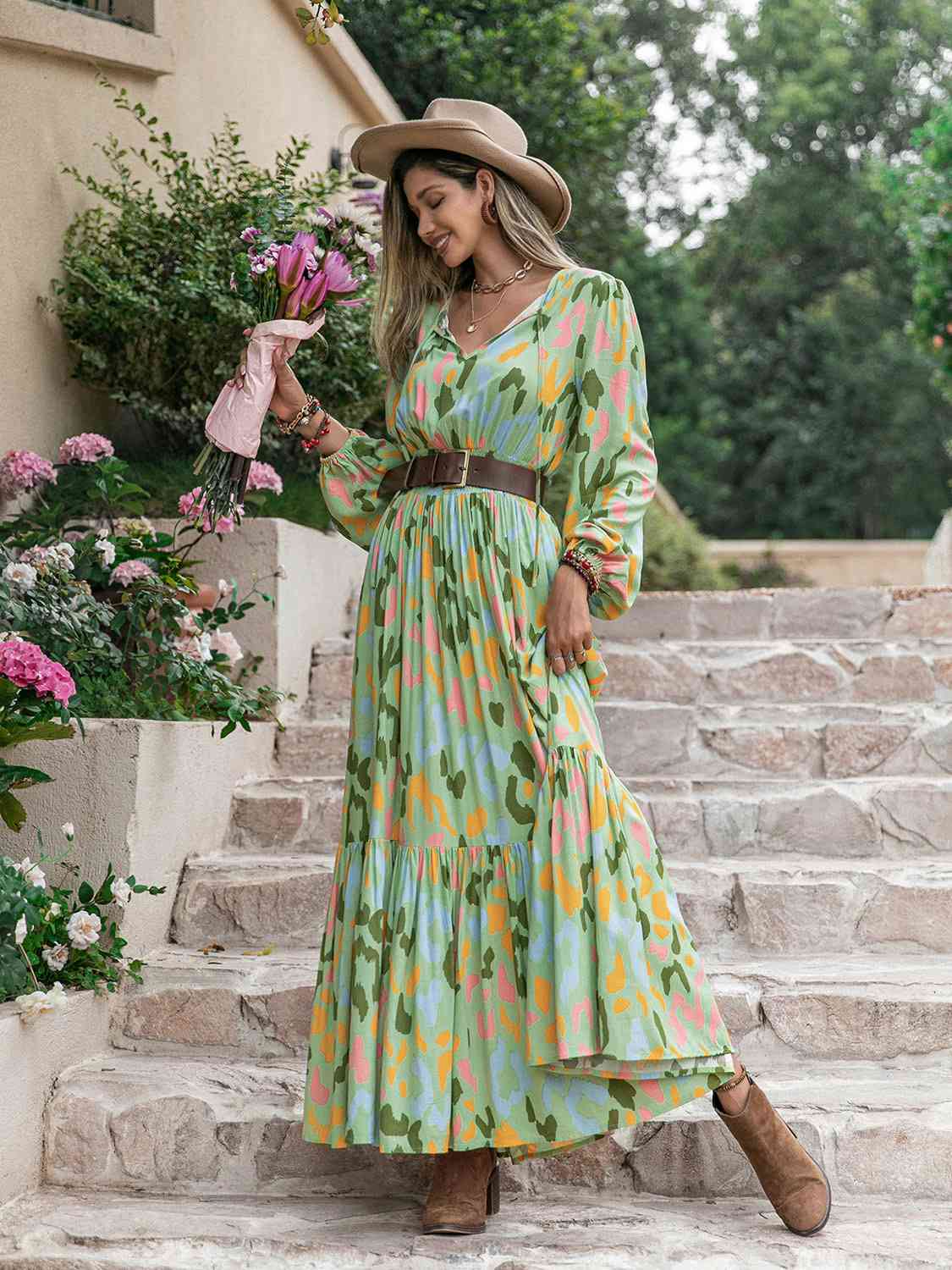 Printed Tie Neck Long Sleeve Maxi Dress